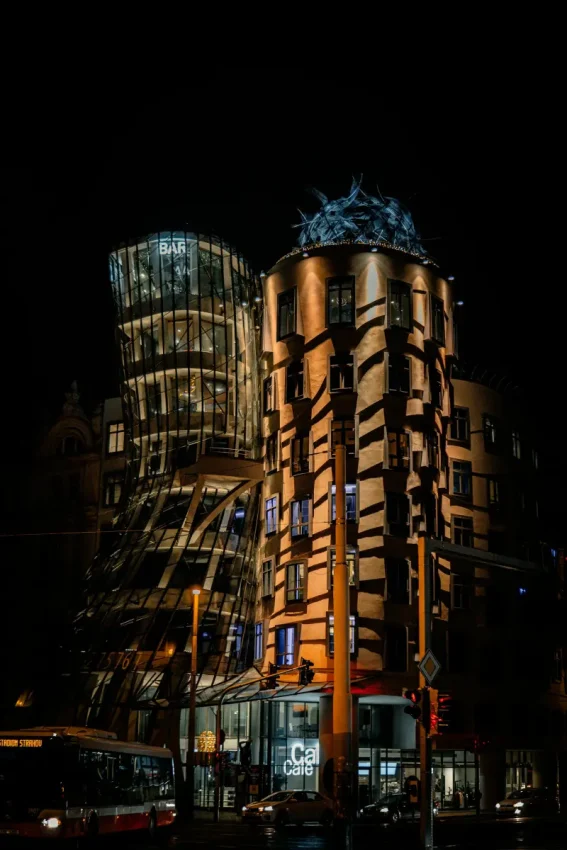 Prague dancing house at night