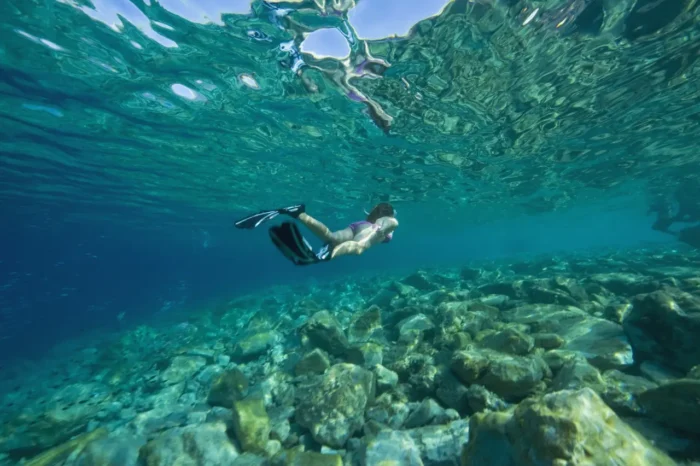 snorkeling at the White Beach in Santorini