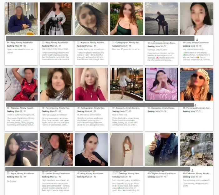 Premium dating website screenshot showing interested women from Kazakhstan Almaty province