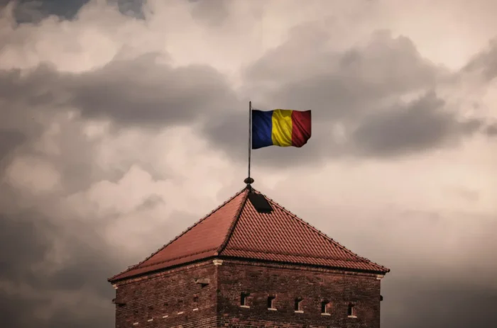 Romanian flag on building