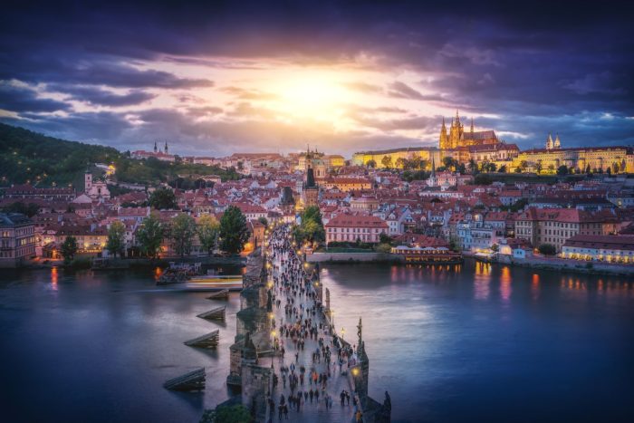 aerial view of St Charles Bridge in Prague