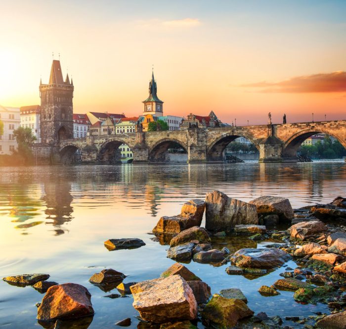 breathtaking view over Charles Bridge from Vltava shore